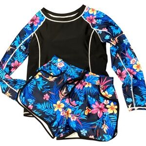 DACI Long Sleeve Rash Guard Built in Bra‎ Shorts with Pockets Small Blue Floral
